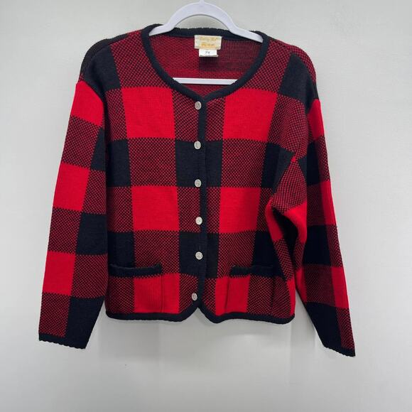 Vintage Tally-Ho‎ Red Black Plaid Knitted Cardigan Sweater Carriage Horse Button - Picture 1 of 6